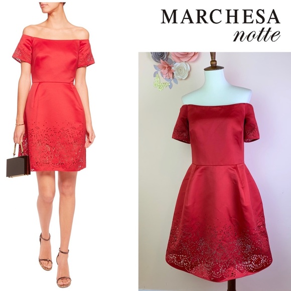 Marchesa Dresses & Skirts - MARCHESA NOTTE Laser Cut off Shoulder Red Dress